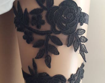 lenceria negra, liga, ligas de tiras, liga, ligas de boda, accesorios de novia, hecho a mano, liga de liga,