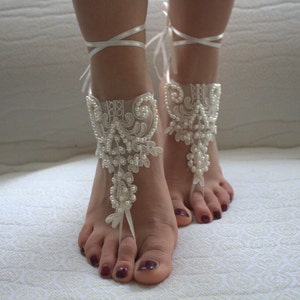 Wedding shoe,summer shoe,bridal shoes,barefoot sandal,foot jewelry,Beaded ivory lace wedding sandals, image 5