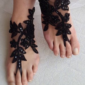 gothic Bridal acessories Barefoot sandals, beach sandals, halloween, black, french lace,Beach shoes,wedding sandals,costume accessories,