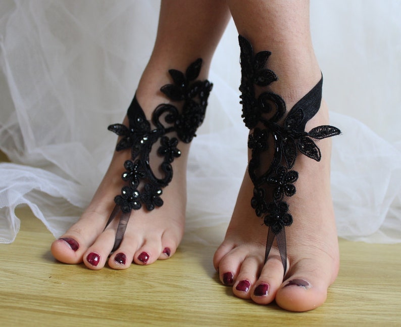 Gothic Barefoot sandalsBeaded black lace wedding sandals | Etsy