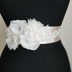 bride sash,Baby Shower Sash Mommy to Be Sash bridal belt ivory satin champagne satin,handmade flowers,wedding belt,Wing, Long Waist. image 2