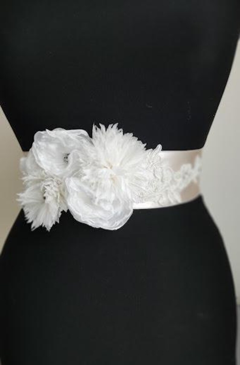bride sash,Baby Shower Sash Mommy to Be Sash bridal belt ivory satin champagne satin,handmade flowers,wedding belt,Wing, Long Waist. image 2