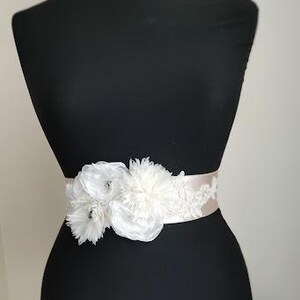 bride sash,Baby Shower Sash Mommy to Be Sash bridal belt ivory satin champagne satin,handmade flowers,wedding belt,Wing, Long Waist. image 6