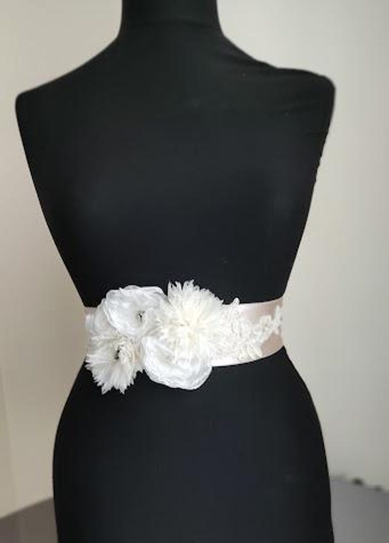 bride sash,Baby Shower Sash Mommy to Be Sash bridal belt ivory satin champagne satin,handmade flowers,wedding belt,Wing, Long Waist. image 6
