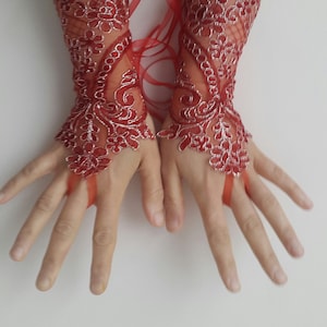 Gants de mariage en dentelle française, gants de mariage en dentelle rouge argenté, gants de robe de bal, gants de mariée, N-1G