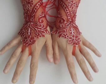 wedding glove French lace,  red silver frame  lace wedding gloves, prom dress gloves,bridal gloves,  N-1G