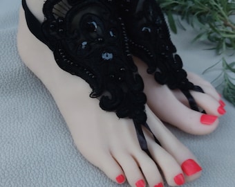 Wedding shoes, summer shoes,costume accessory,Beaded black, lace wedding sandals,halloween,