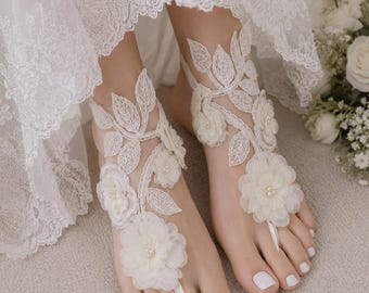 Bruidkant op blote voeten, trouwschoenen, zomerschoenen, strandschoenen, ivoorkleurige kanten blote voetensandalen, bruiloftsandalen, bruidsmeisjes, bruidsschoenen,