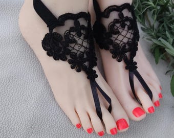 Bridal acessories Barefoot sandals, beach sandals, halloween, black, french lace,Beach shoes,wedding sandals,costume accessories,party for