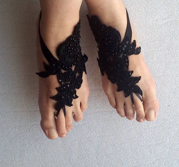barefoot sandalsBeaded black lace wedding sandals free