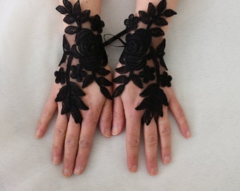 Luva preta, preto gótico, luvas de casamento de renda, luvas de fantasia, luvas de halloween, luvas de renda de noiva