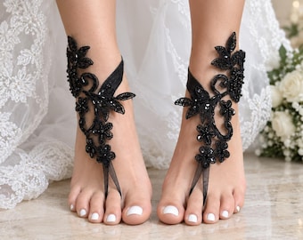 gothic Bridal acessories Barefoot sandals, beach sandals, halloween, black, french lace,Beach shoes,wedding sandals,costume accessories,