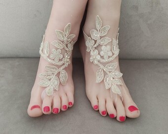 barefoot sandals beaded champagne lace, wedding anklet,prom dress accessories, wedding,bride for