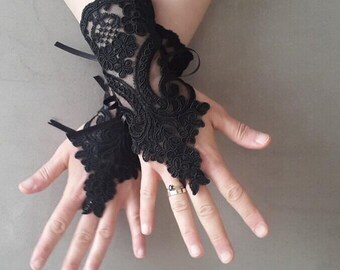 Luvas de casamento pretas góticas, luvas de renda, luvas de fantasia, luvas de Halloween,