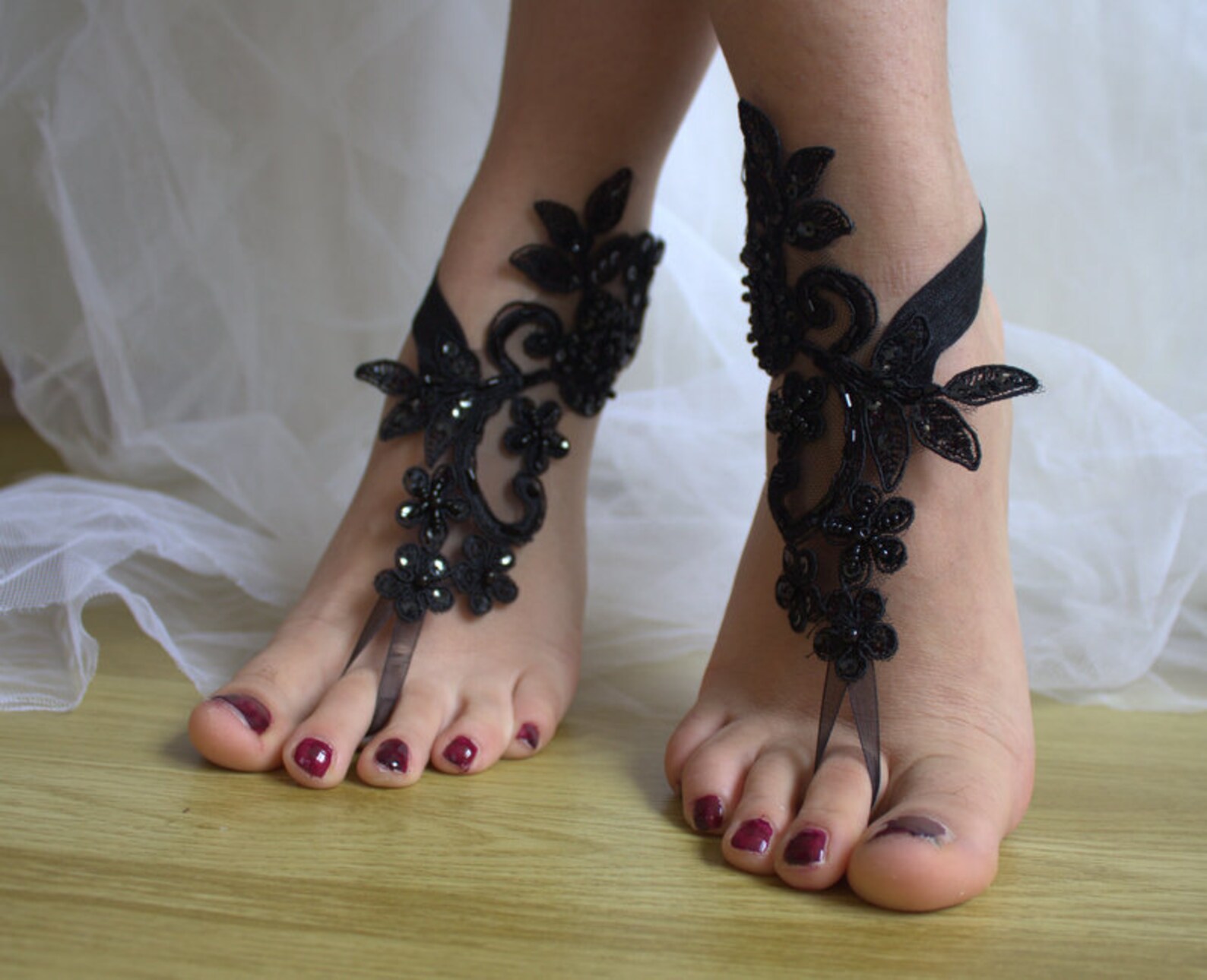 Gothic Barefoot sandalsBeaded black lace wedding sandals | Etsy