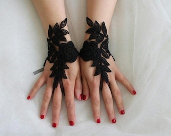 Luvas de casamento góticas pretas e rendadas, fantasia de noiva, luvas, luvas de halloween,