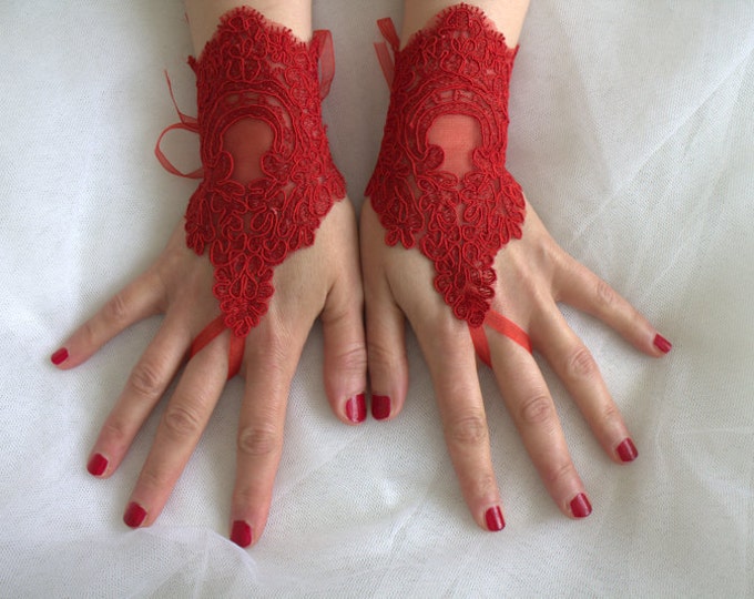 Red Lace Wedding Gloves Prom Dress Glovescostume Etsy