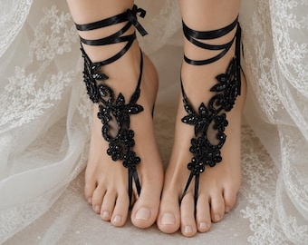 Bridal acessories Barefoot sandals, beach sandals, halloween, black, french lace,Beach shoes,wedding sandals,costume accessories,beaded lace