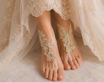 Bride shoes,summer shoes, beach shoes,barefoot sandals,Beaded, champagne  lace  shoes, wedding sandals,bridal accessories,bridesmaids