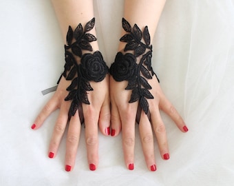 Gothic black, lace wedding gloves,accessory for the prom graduation party. costume gloves,halloween gloves! express shipping