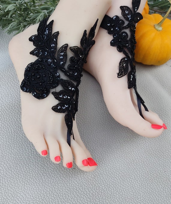 barefoot sandal bride Beaded Black lace, wedding sandals,prom dress accessories, halloween,