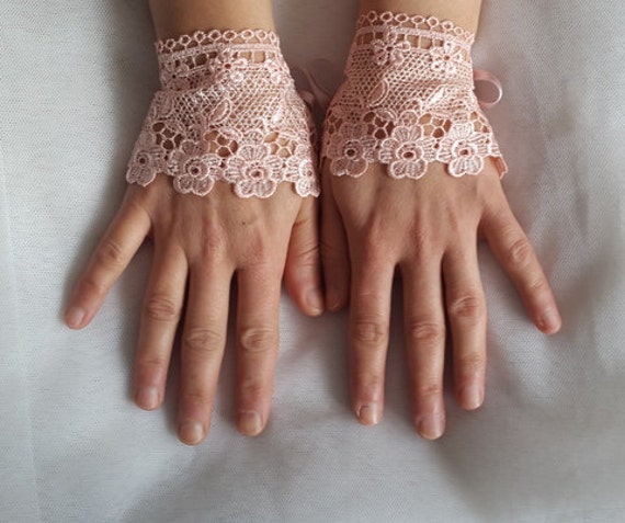 gloves Wedding, peach wrist cuffs, bridal gloves,peach,  lace,custom lace style,french lace,free shipping