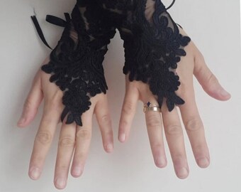 Luvas de casamento pretas góticas, luvas de renda, luvas de fantasia, luvas de Halloween,