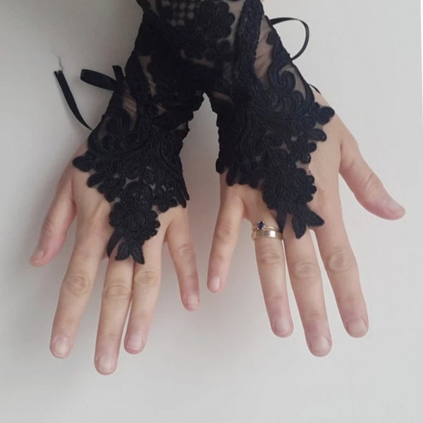 Guantes de boda góticos negros de encaje, guantes de disfraz, guantes de Halloween,
