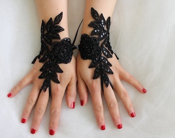 luvas góticas com contas pretas, luvas de casamento de renda, luvas de fantasia, luvas de Halloween, envio expresso