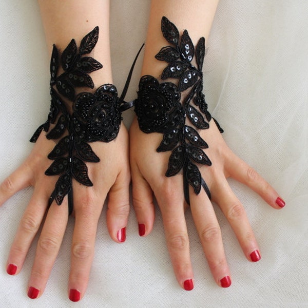 Guantes góticos negros con cuentas, guantes de boda de encaje, guantes de disfraz, guantes de Halloween, envío rápido