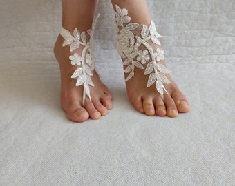 barefoot sandal gothic Beaded ivory lace, wedding sandals,prom dress accessories, halloween,exspres shipping