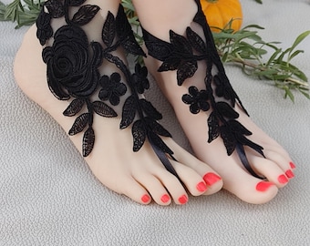 gothic Bridal acessories Barefoot sandals, beach sandals, halloween, black, french lace,Beach shoes,wedding sandals,costume accessories,