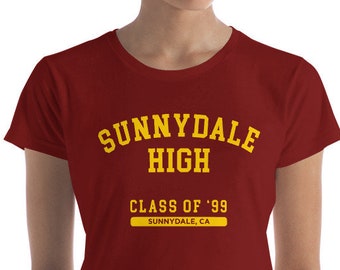 Buffy the Vampire Slayer Burgundy T-Shirt, Sunnydale High Class of 99 Retro Shirt, Varsity Style Print Shirt, High School Shirt