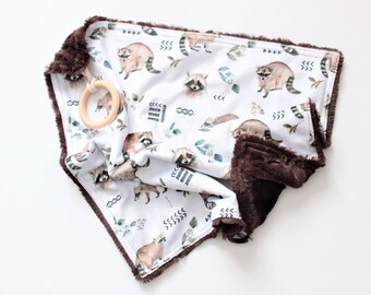 Minky lovey, raccoon print, faux fur toddler lap blanket, comfort blanket, teether and soother keeper, baby shower gift, mom to be present