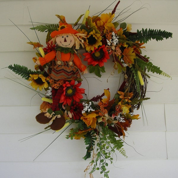 Fall and Thanksgiving Wreath, Scarecrow Girl Wreath, Fall Floral Wreath, Scarecrow Girl Doorhanger, Grapevine Floral,