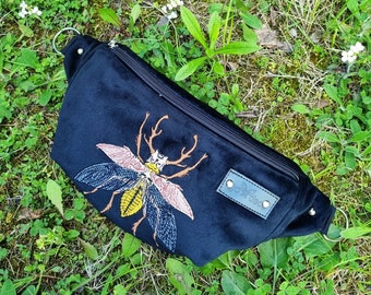 Black fanny pack embroidered beetle, Black velvet hip bag with insect motif, Handmade unisex waist bag, Unique belly bag