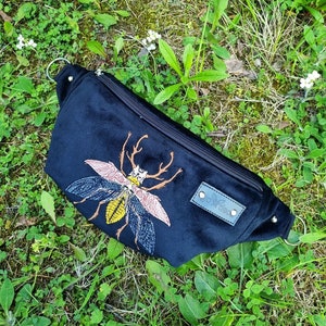 Black fanny pack embroidered beetle, Black velvet hip bag with insect motif, Handmade unisex waist bag, Unique belly bag image 1