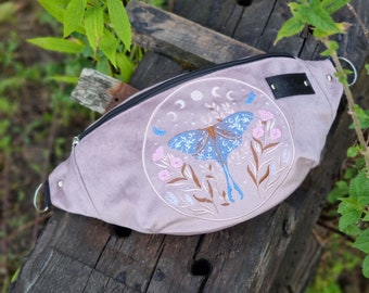 Fantasy dragonfly hip bag, Powder pink velvet fanny pack, Unique festival accessory, Whimsical creatures gift idea