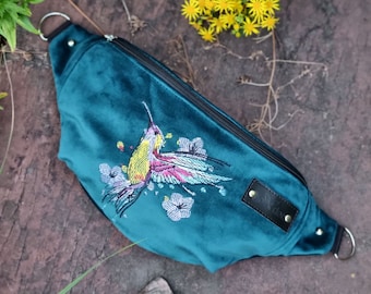 Hummingbird blue fanny pack, Teal velvet hip bag, Embroidered colorful bird bag, Accessories with bird motif, Bird lover gift idea