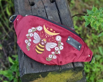 Red velvet hip bag, Cute waist bag, Fairy tale Whimsical bee embroidered fanny pack, Red bum bag, Unique festival accessory