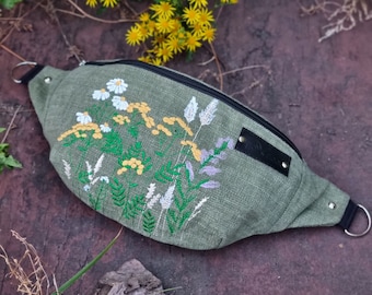 Khaki hip bag embroidered herbs, Meadow flowers hip pouch, Green floral bum bag, Belt bag plant motifs, Herbarium fanny pack, Handmade gifts