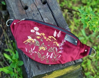 Wild flowers fanny pack, Dark red hip bag, Embroidered meadow flowers hip pouch, Floral bum bag, Red velvet hip bag, Belt bag plant motifs