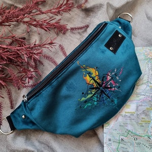 Blue wind rose fanny pack, Adventure hip bag, Embroidered bum bag with compass rose, Traveler crossbody bag, Wanderlust gift idea image 2