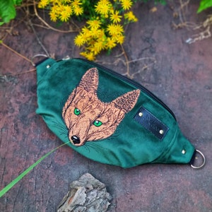 Woodland green hip bag, Embroidered fox head fanny pack, Fox lover gifts, Whimsical cute fox accessories, Green velvet waist bag image 3