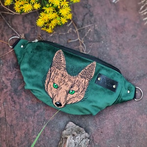 Woodland green hip bag, Embroidered fox head fanny pack, Fox lover gifts, Whimsical cute fox accessories, Green velvet waist bag image 1