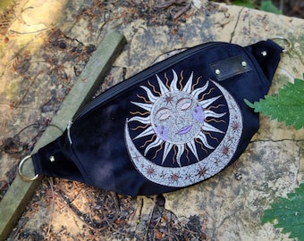 Black sun moon hip bag, Embroidered solar fanny pack, Sun with face accessories, Black velvet boom bag, Sun and moon mystical belly bag