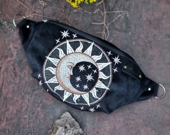 Black crescent moon fanny pack, Magical half moon hip bag, Mystical esoteric bum bag, Black velvet belly bag, Embroidered boom bag