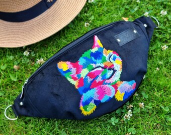 Colorful cat fanny pack, Embroidered cute kitten hip bag, Whimsical cat accessories, Playful cat boom bag, Cats lover gift