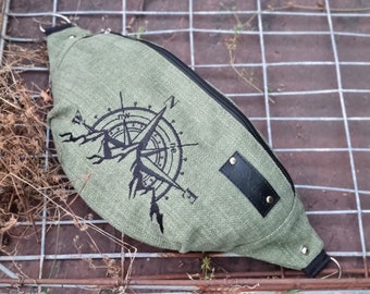 Khaki waist bag, Olive green hip bag, Adjustable fanny pack, Compass bag, Adventure waist bag, Embroidered bum bag with compass rose