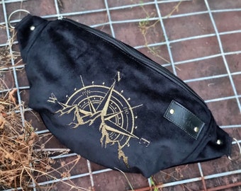 Black compass fanny pack, Traveler waist bag, Adventure hip bag, Embroidered bum bag with compass rose, Black velvet crossbody bag